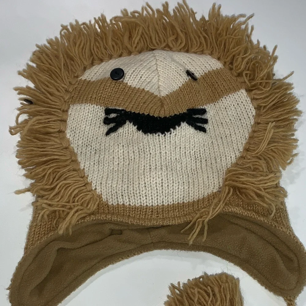 Lion Beanie Peace 100% Wool Large Warm Cozy Zoo Animal Theme Brown Khaky